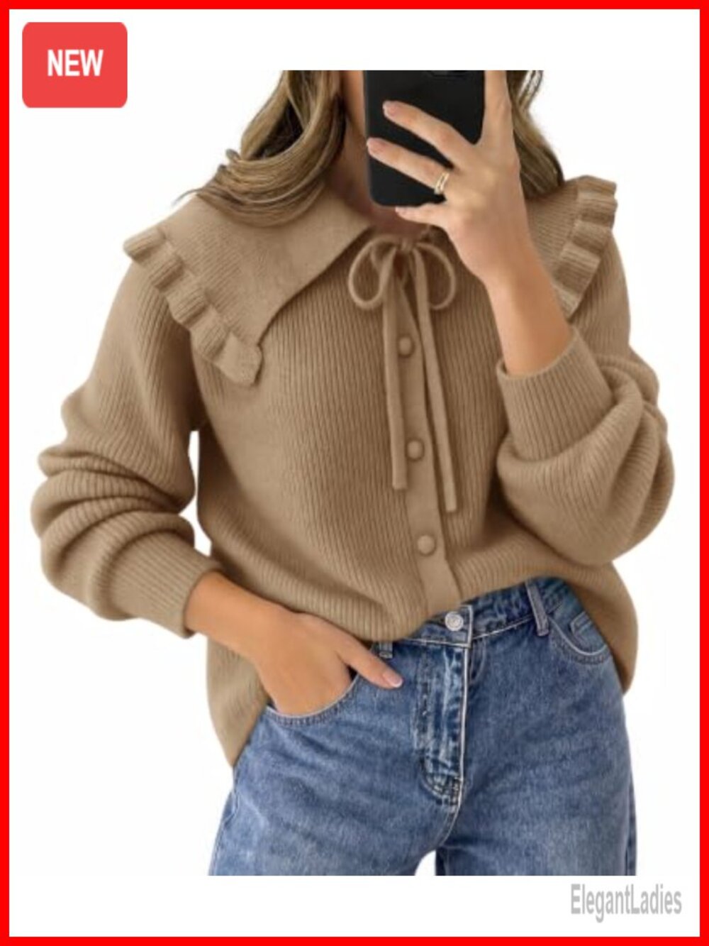 Oversized Ruffle Collar Cardigan Tie Front Button Up Knit Sweater